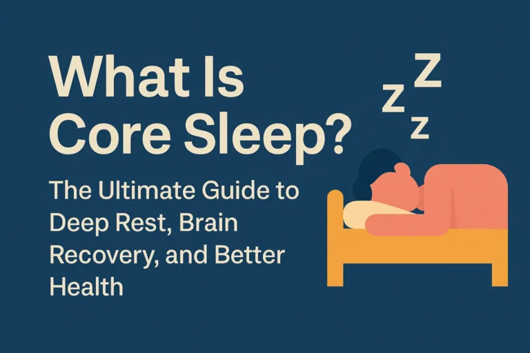 Illustration of a person sleeping on a bed with the text “What Is Core Sleep? The Ultimate Guide to Deep Rest, Brain Recovery, and Better Health” on a deep blue background.