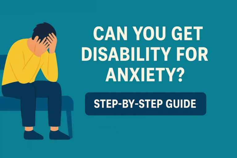A worried person sitting on a bench with their head in their hands, next to the headline “Can You Get Disability for Anxiety?” and a call-to-action button that says “Step-by-Step Guide.”