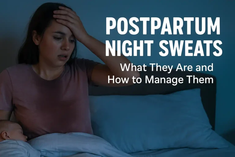A new mom with postpartum night sweats sits in bed looking flushed and tired, with overlay text that reads “Postpartum Night Sweats – What They Are and How to Manage Them”