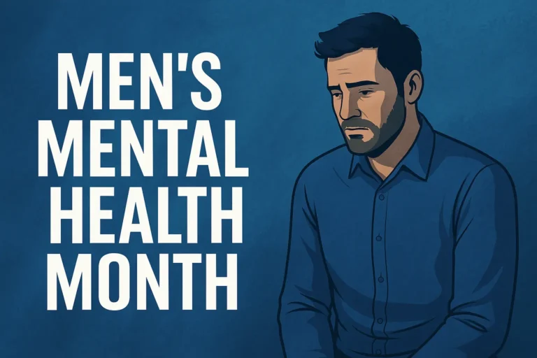 Illustration of a thoughtful man beside bold text reading "Men's Mental Health Month" on a deep blue background.