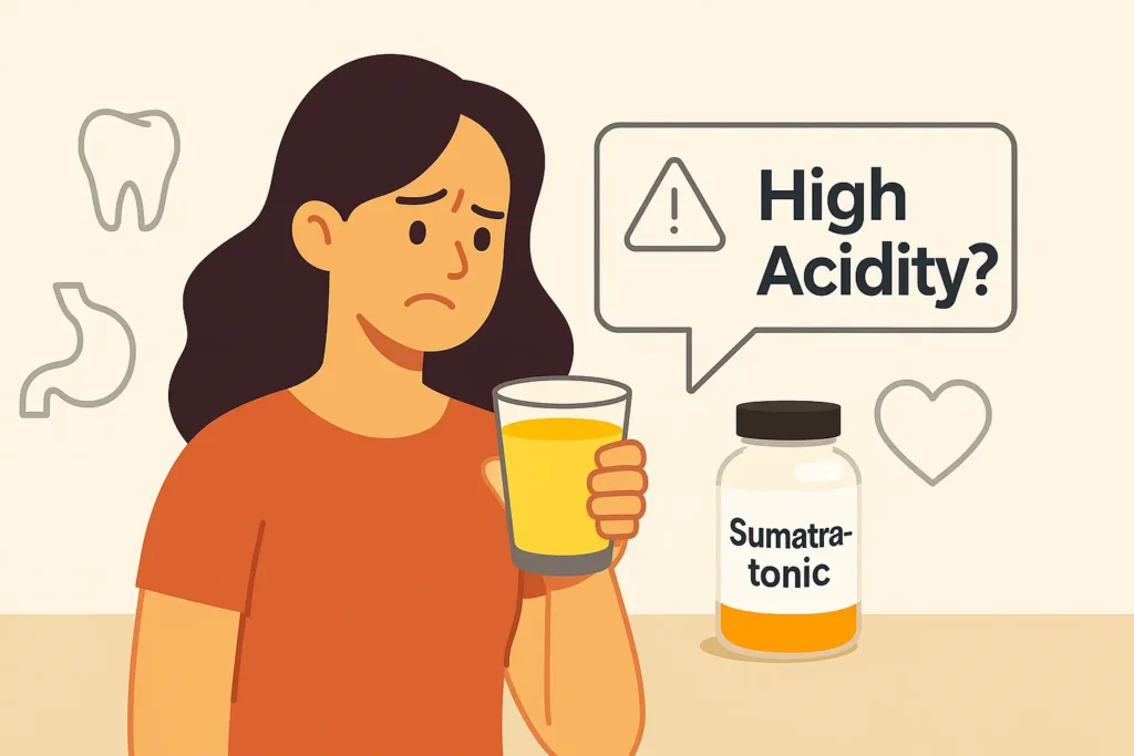 Illustration of a concerned person holding a Natural Mounjaro drink while examining a warning about acidity, with icons of a tooth, stomach, and heart nearby.