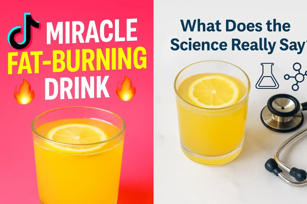 Split image of viral TikTok miracle fat-burning drink claim vs. scientific analysis with Natural Mounjaro drink and stethoscope