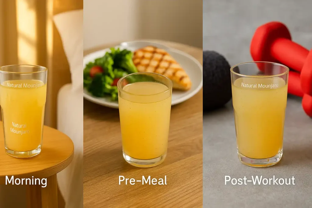 Natural Mounjaro drink in three settings: morning bedside, pre-meal with lunch, and post-workout with dumbbells