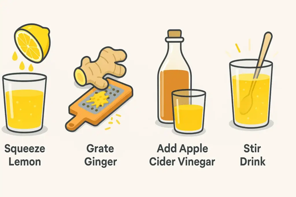 Step-by-step infographic showing how to make the Natural Mounjaro Recipe with lemon juice, grated ginger, apple cider vinegar, and stirring