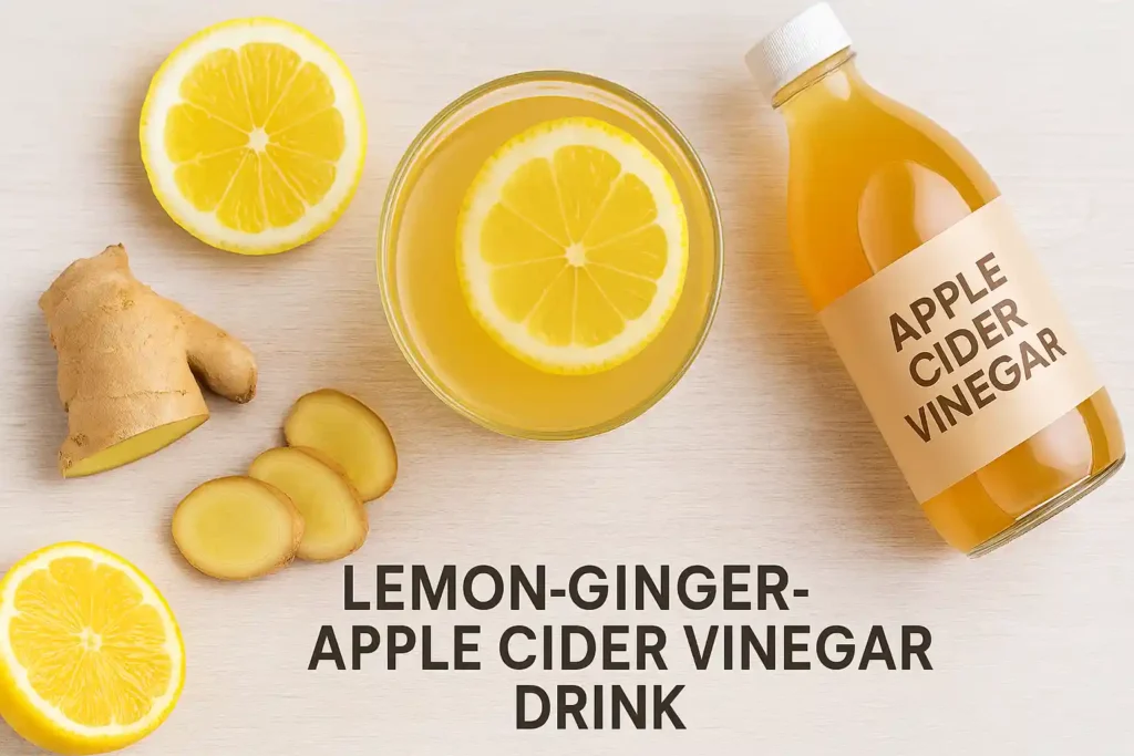 Top-down view of Natural Mounjaro Recipe drink with lemon, ginger, and apple cider vinegar on a wooden surface