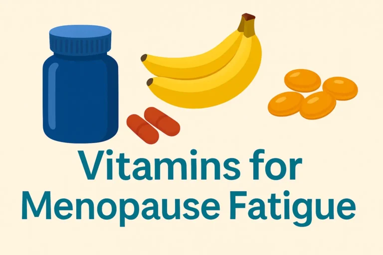 Illustration showing supplements, bananas, capsules, and the text “Vitamins for Menopause Fatigue” on a soft beige background.