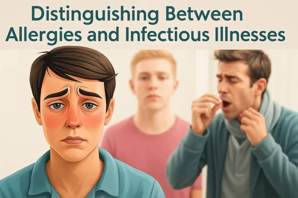 A detailed illustration showcasing the key differences between allergy and cold symptoms. In the foreground, a person's face displays watery, itchy eyes and a runny nose, indicative of seasonal allergies. In the middle ground, another person sneezes and has a flushed, congested appearance, representing a common cold. The background is softly blurred, conveying a clinical, informative mood. The lighting is bright and even, accentuating the facial features and expressions. Captured with a telephoto lens to emphasize the details, the image provides a clear visual contrast between these two distinct health conditions. A comparison of three men showing allergy and infection symptoms, highlighting the differences in facial expressions and illness types.