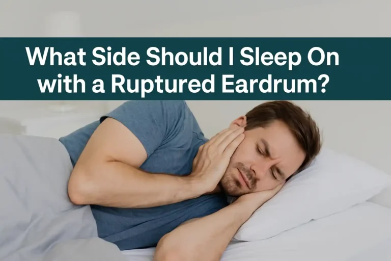 Man lying in bed on his side with hands covering ear, indicating pain, with the text “What Side Should I Sleep On with a Ruptured Eardrum?”
