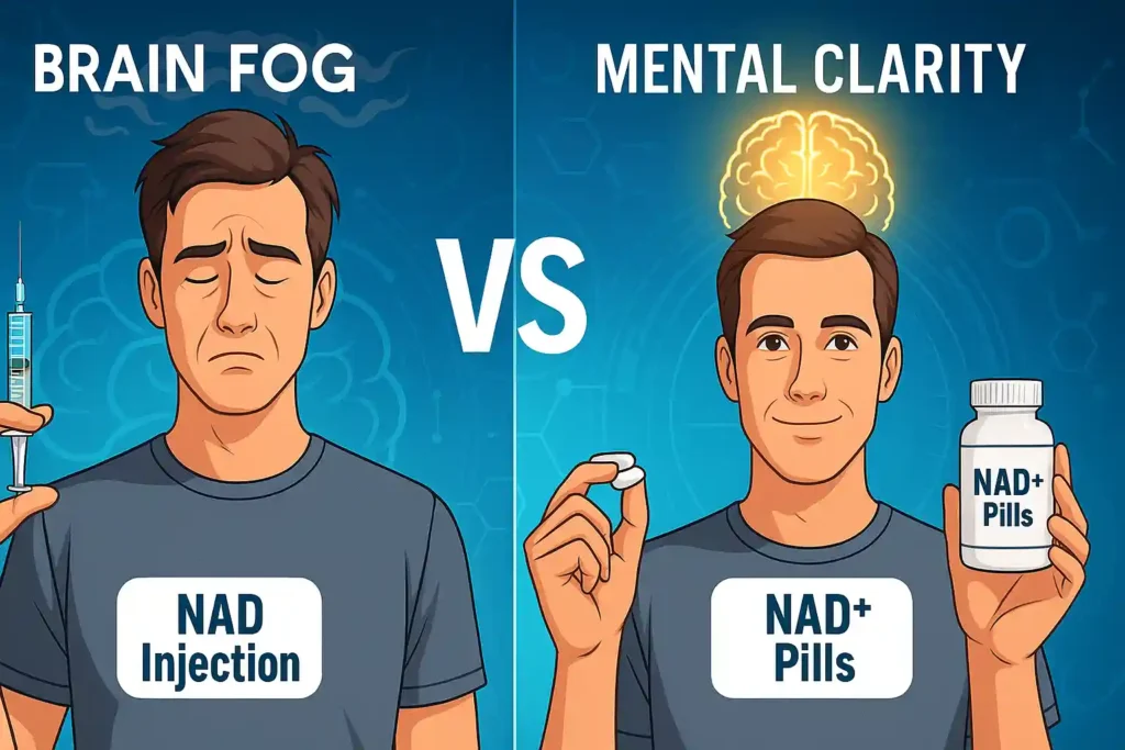 A side-by-side cartoon illustration showing a tired man labeled “NAD Injection” on the left with a syringe and a distressed expression, and a vibrant, smiling man labeled “NAD+ Pills” on the right, holding a pill and a supplement bottle with a glowing brain above his head.