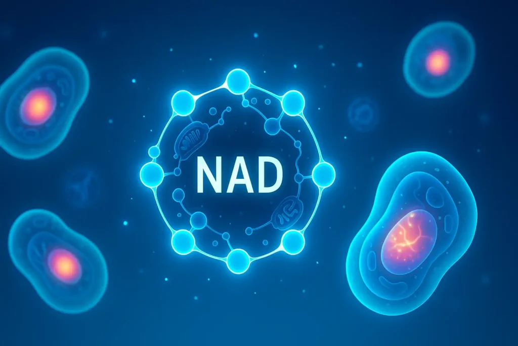 A futuristic digital illustration of a glowing NAD molecule at the center, surrounded by energized human cells, set against a deep blue gradient background, representing cellular energy and biotechnology.