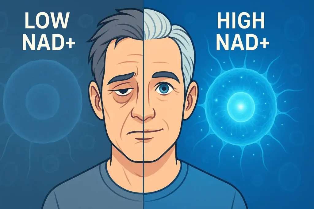 An illustrated split-face of an older man showing signs of fatigue and aging on the left labeled “Low NAD+” and a more youthful, energetic appearance on the right labeled “High NAD+,” with cellular graphics in the background.