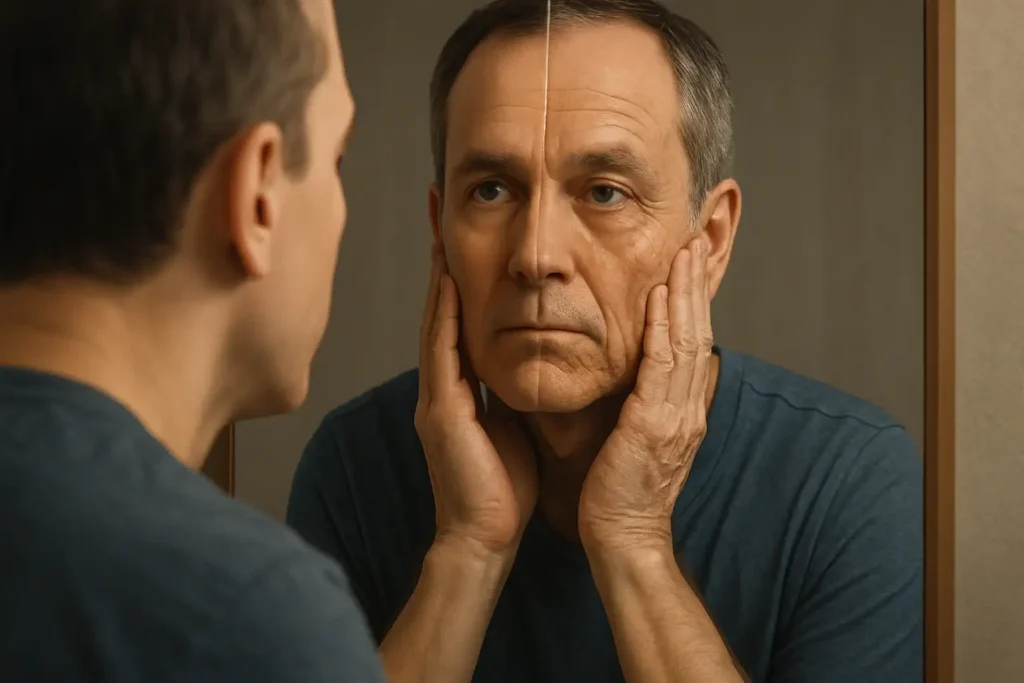 A middle-aged man gazes into a mirror, his face split visually down the center—one side appears youthful and glowing, while the other side shows signs of aging with wrinkles and fatigue, under soft, introspective lighting.