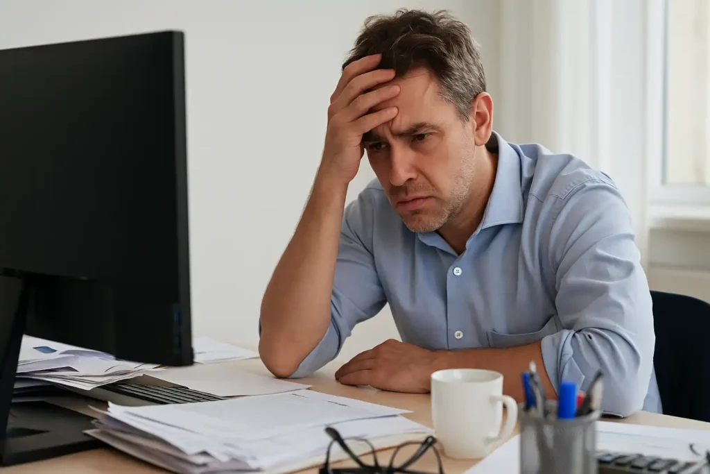 Exhausted man with brain fog and mental fatigue at work