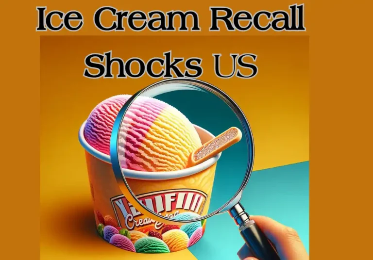 Magnifying glass examining colorful ice cream tub with “Ice Cream Recall Shocks Nation US” headline