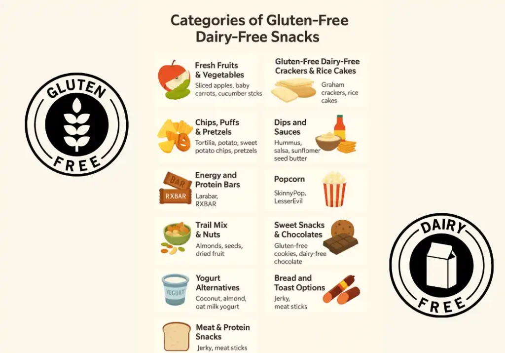 Infographic showing 12 categories of gluten Free dairy free snacks with icons and brief descriptions, including fruits, chips, crackers, dips, protein bars, popcorn, trail mix, yogurt, bread, chocolate, and jerky.