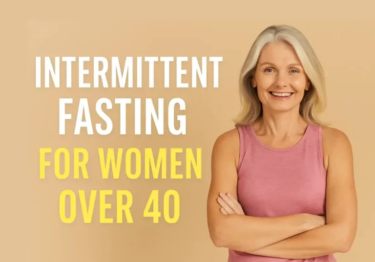 Smiling middle-aged woman in a pink tank top with text "Intermittent Fasting for Women Over 40" on a beige background