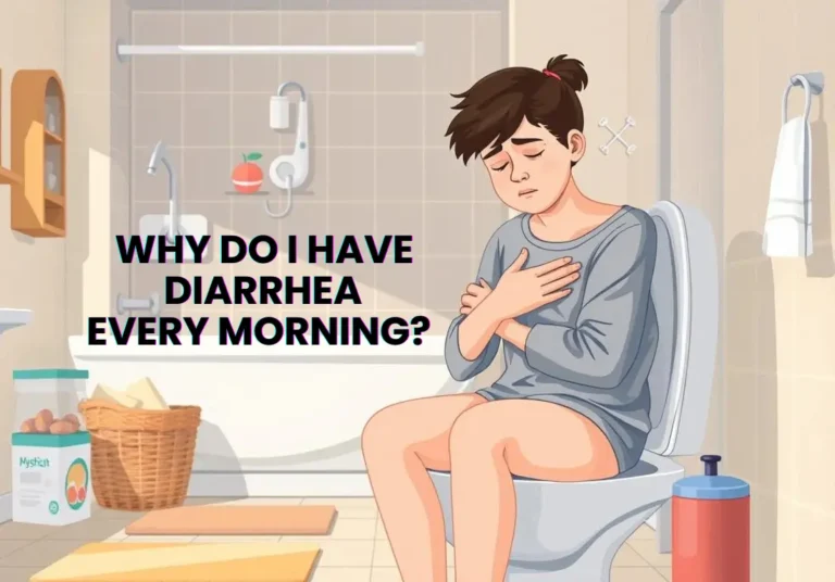 Illustration of a woman experiencing stomach pain on toilet, symbolizing why do I have diarrhea every morning