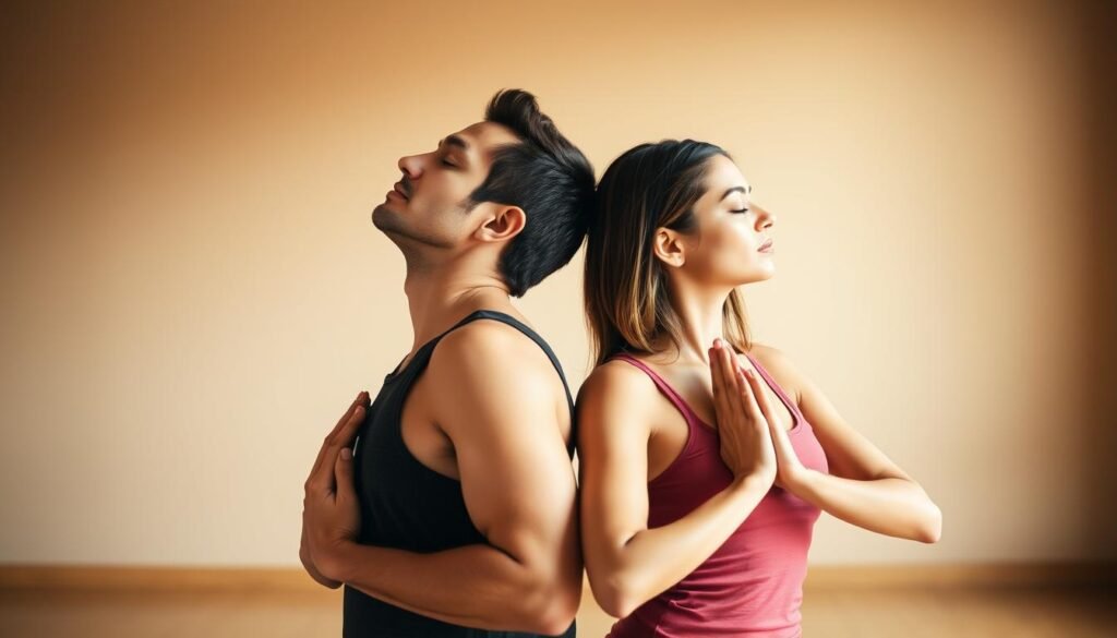 Two people, a man and a woman, engaged in a partner yoga pose, leaning into each other with eyes closed, conveying a sense of deep emotional connection and harmony. The figures are positioned in the foreground, illuminated by soft, warm lighting that creates a serene and intimate atmosphere. The background is blurred, drawing the viewer's focus to the central subjects and their bond. The pose showcases flexibility, balance, and trust, visually embodying the psychological and emotional benefits of practicing yoga together. Two people, a man and a woman, engaged in a partner yoga pose, leaning into each other with eyes closed, conveying a sense of deep emotional connection and harmony. The figures are positioned in the foreground, illuminated by soft, warm lighting that creates a serene and intimate atmosphere. The background is blurred, drawing the viewer's focus to the central subjects and their bond. The pose showcases flexibility, balance, and trust, visually embodying the psychological and emotional benefits of practicing yoga together.