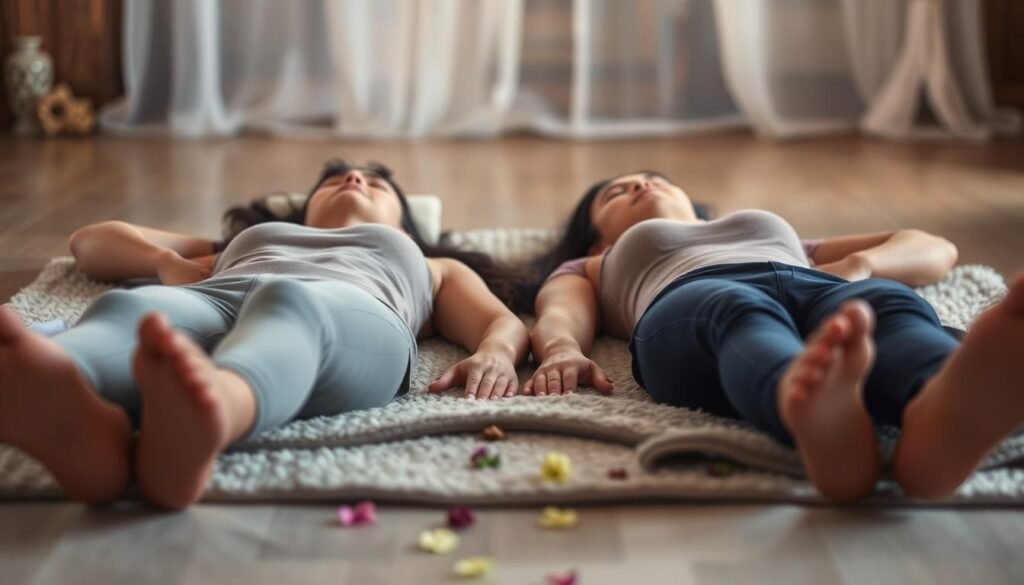 Two people lying side-by-side on a cozy rug, engaged in partner savasana, a restorative yoga pose. The foreground depicts their relaxed bodies, legs extended, arms at their sides, eyes closed, faces peaceful. The middle ground shows the rug's soft texture and calming colors, with a few scattered flowers or leaves adding a natural, serene touch. The background is blurred, hinting at a tranquil indoor or outdoor setting, with gentle lighting casting a warm, soothing glow. The overall atmosphere is one of deep relaxation, harmony, and shared mindfulness. Two people lying side-by-side on a cozy rug, engaged in partner savasana, a restorative yoga pose. The foreground depicts their relaxed bodies, legs extended, arms at their sides, eyes closed, faces peaceful. The middle ground shows the rug's soft texture and calming colors, with a few scattered flowers or leaves adding a natural, serene touch. The background is blurred, hinting at a tranquil indoor or outdoor setting, with gentle lighting casting a warm, soothing glow. The overall atmosphere is one of deep relaxation, harmony, and shared mindfulness.