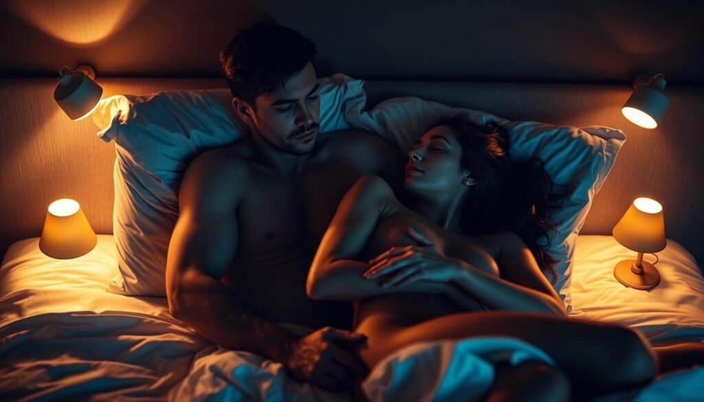 Romantic couple lying in bed under warm lighting, symbolizing intimacy and connection in a guide about how to last longer in bed