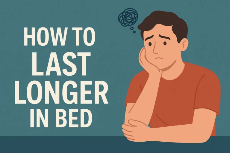 Worried man thinking about how to last longer in bed, featured blog illustration with teal background and bold white text