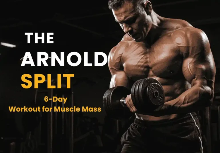A muscular man curling heavy dumbbells in a gym, with bold text reading “The Arnold Split – 6-Day Workout for Muscle Mass” on a dark background.