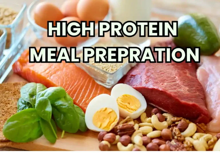High protein meal prep ingredients including salmon, beef, eggs, nuts, spinach, and grains arranged on a wooden surface, with bold text "High Protein Meal Preparation."