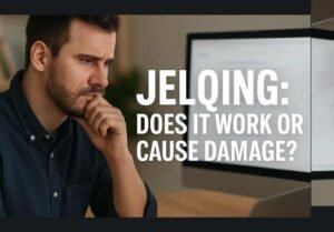 Man researching jelqing risks and effectiveness on computer screen with bold overlay text "Jelqing: Does It Work or Cause Damage?"