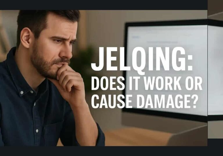 Man researching jelqing risks and effectiveness on computer screen with bold overlay text "Jelqing: Does It Work or Cause Damage?"