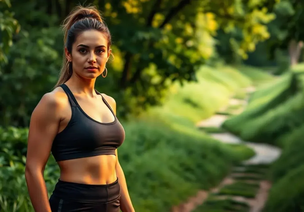 Athletic woman in workout gear symbolizing female body recomposition through strength training and fat loss in a natural outdoor setting