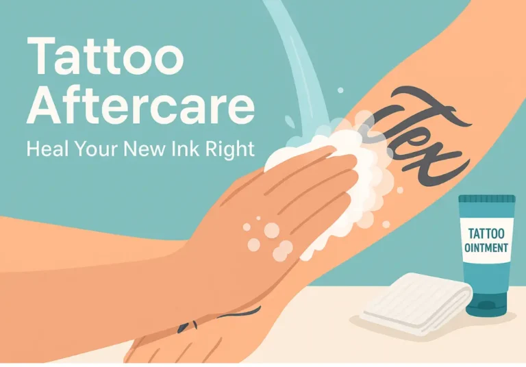 Hands gently cleaning a fresh tattoo with soap and water next to tattoo ointment and gauze, showing proper tattoo aftercare steps