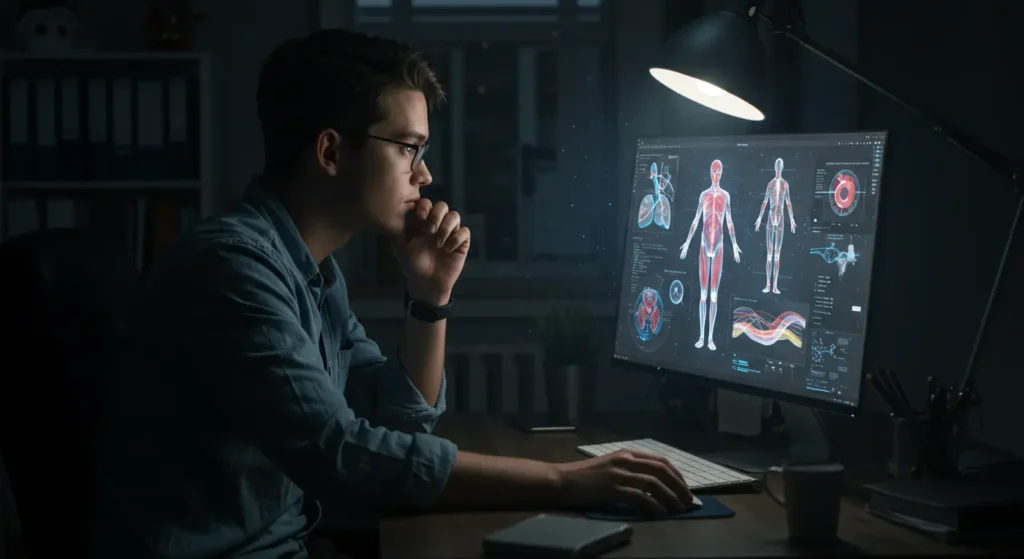 Man studying human anatomy especially jelqing on computer screen in dimly lit home office