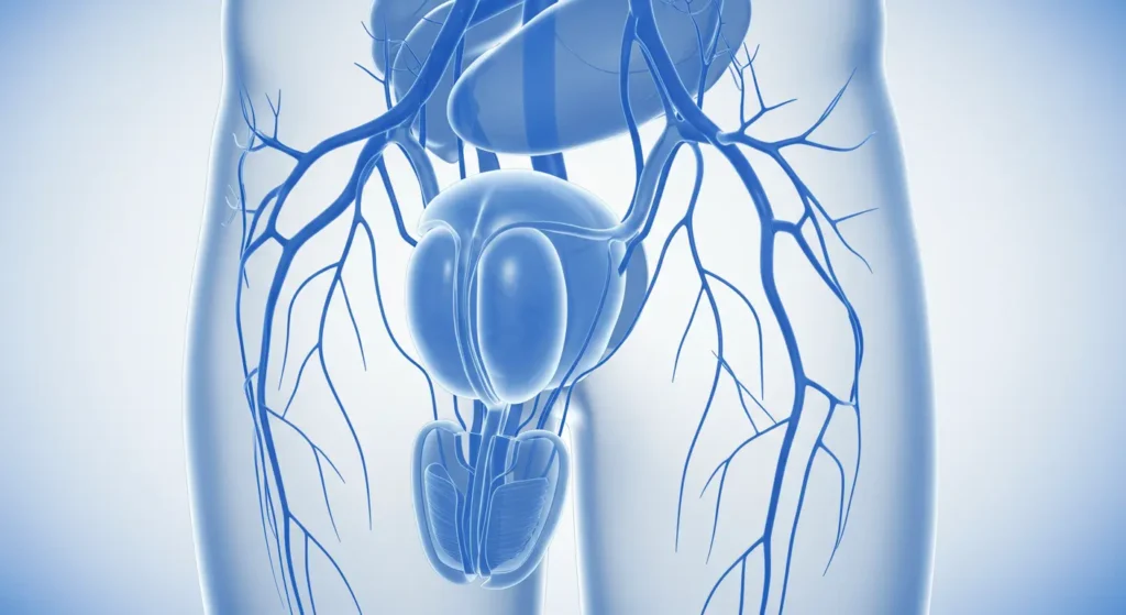 Medical illustration of male pelvic anatomy with vascular system