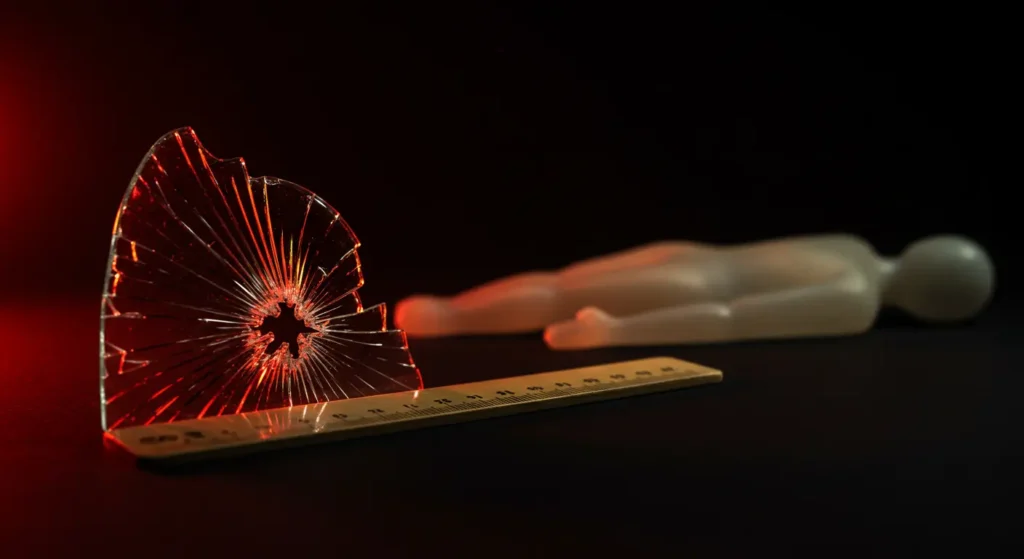 Cracked glass with ruler and abstract human figure symbolizing damage and risk