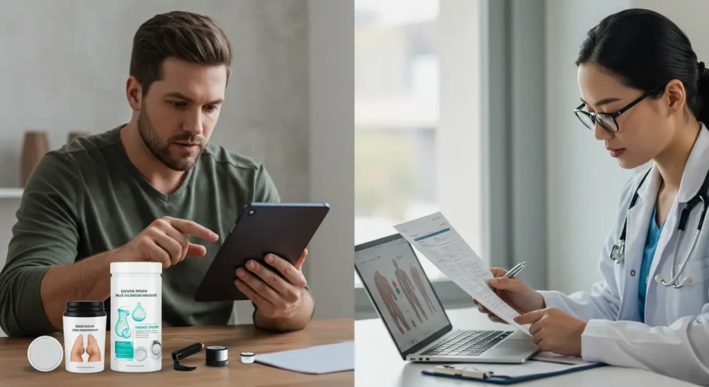 Man reviewing male enhancement products on tablet next to doctor analyzing medical charts