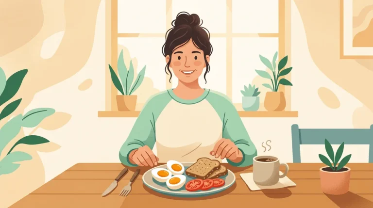 2 eggs calories: two eggs on a plate next to a cup of coffee at a sunny breakfast table