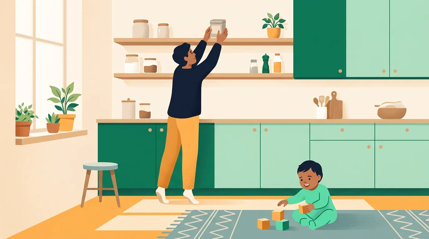 Are nicotine pouches safe around kids: parent putting a tin on a high shelf away from a toddler