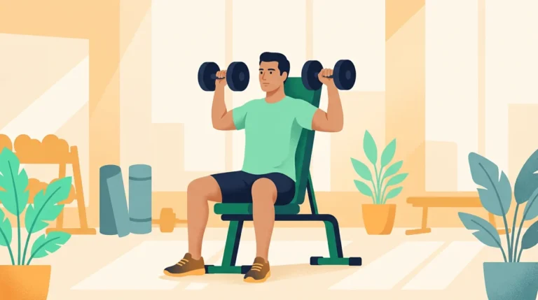 Arnold split workout: man doing a dumbbell shoulder press on a bench