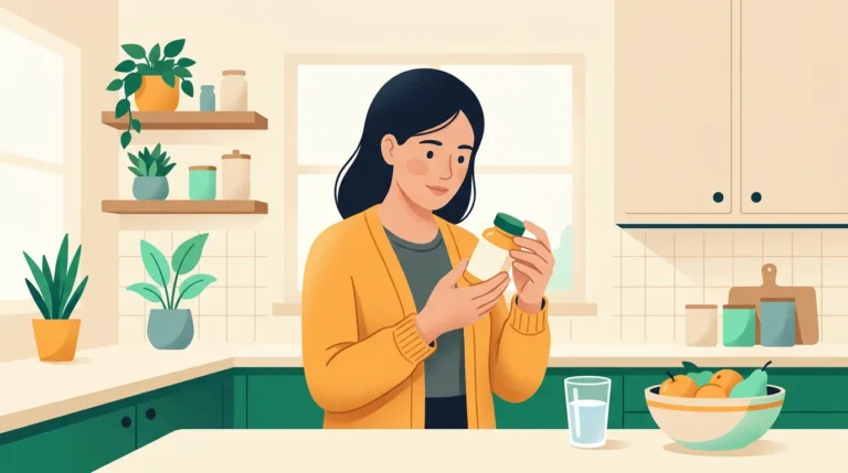 Benefits of prenatal vitamins while not pregnant: woman reading a vitamin bottle label in her kitchen