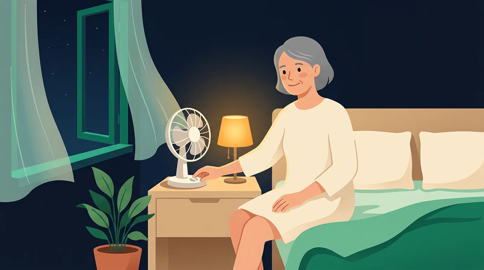 Best room temperature for sleep: older woman setting up a fan beside her bed