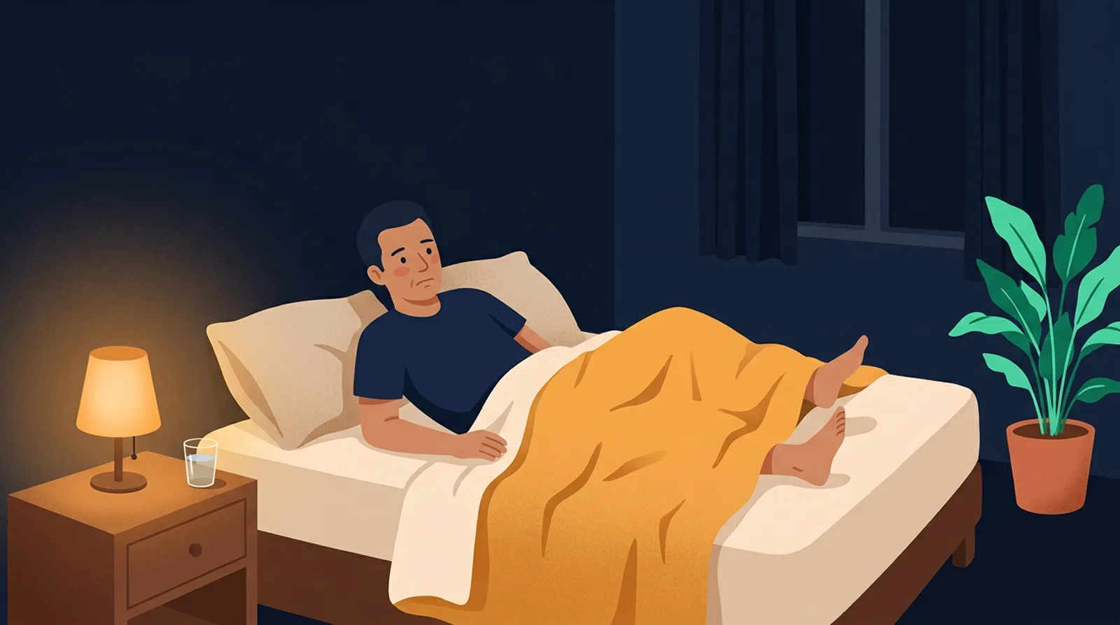 Bedroom temperature for sleep: man awake on a warm night pushing off a heavy duvet