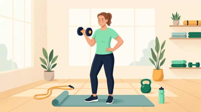 Body recomposition female: woman lifting a dumbbell in a bright home gym