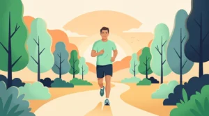 Burning 1000 calories a day: man jogging in a park at sunrise