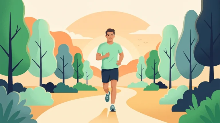 Burning 1000 calories a day: man jogging in a park at sunrise