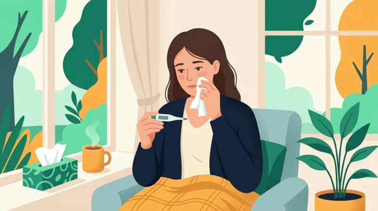 Can allergies cause fever: woman with a tissue and a thermometer by a window