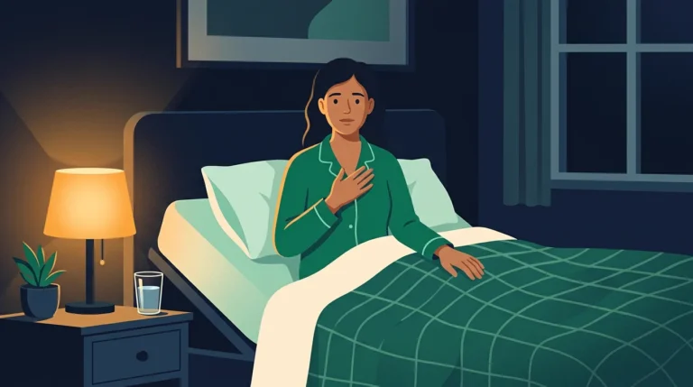 Can you die from acid reflux in your sleep: woman sitting up in bed with a hand on her chest