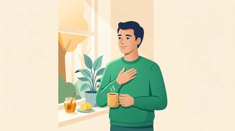 Cough after quitting vaping: man by a window with a warm mug of honey and lemon tea
