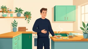 Diarrhea every morning: man in the kitchen with a hand on his stomach