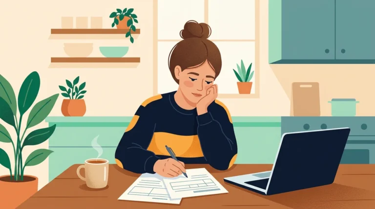 Disability for anxiety: woman filling in a benefits application at her kitchen table with a cup of tea