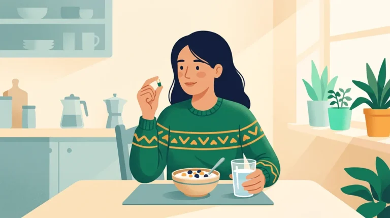Do probiotics make you poop: woman holding a probiotic capsule and a glass of water at the kitchen table